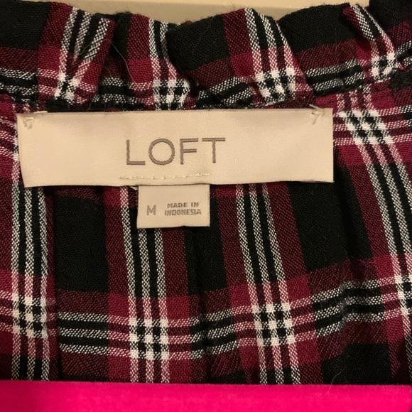 3/$20 - LOFT Plaid Peplum Tie-neck Blouse - Picture 3 of 3